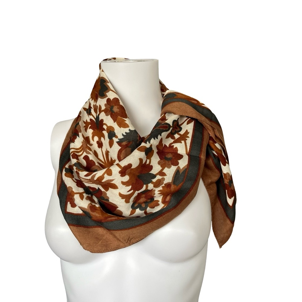 Tan Floral Print Scarf Green Tan Classic Chic Everyday Bag Tie Hair